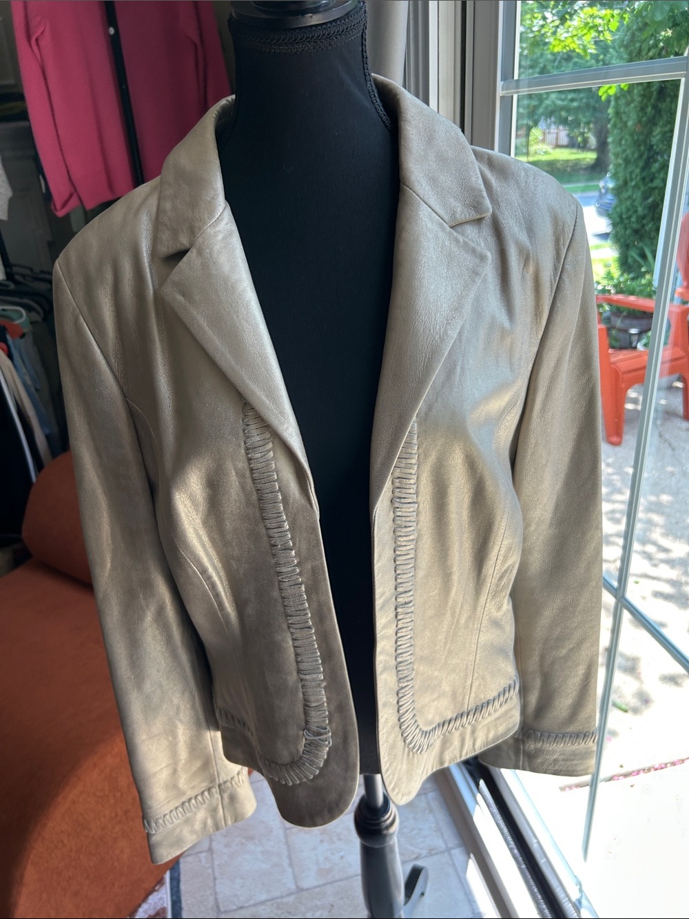David Meister Metallic Light Gray Leather Blazer Jacket